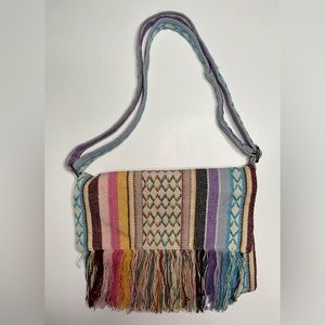 World Market Woven Saddle Blanket Cross Body Bag Fringe Multi Color Boho Style